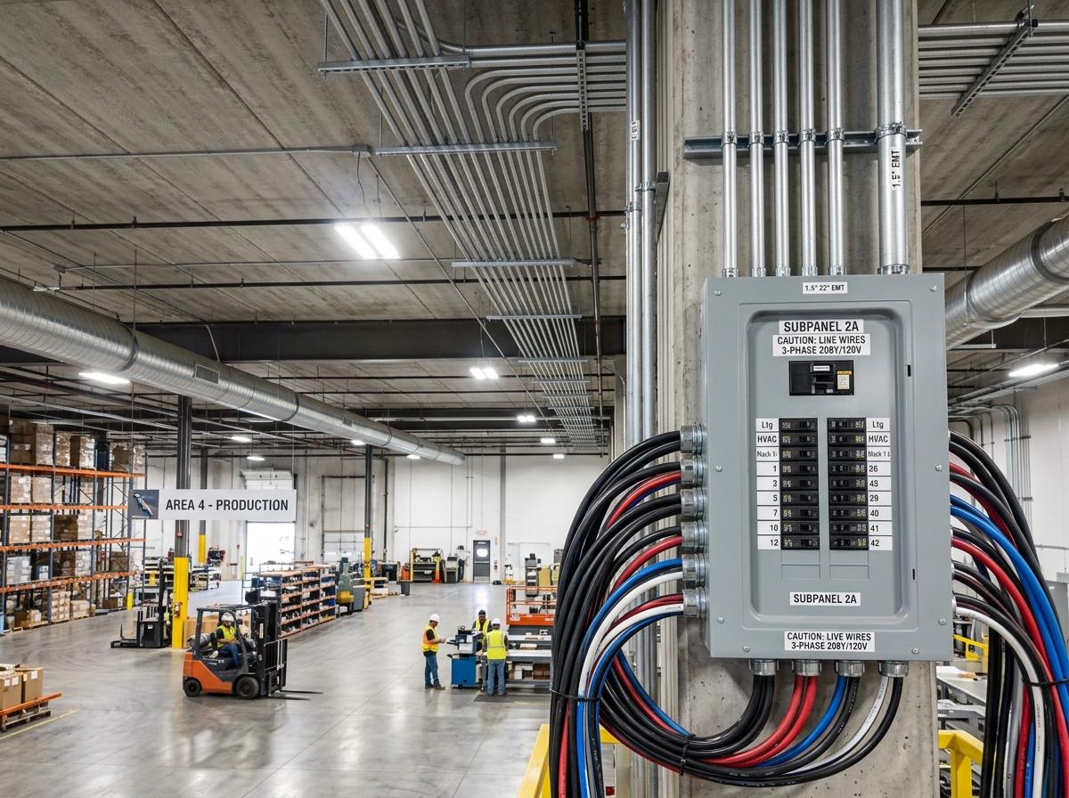 Commercial warehouse ceiling showing neat metal conduits and electrical panels