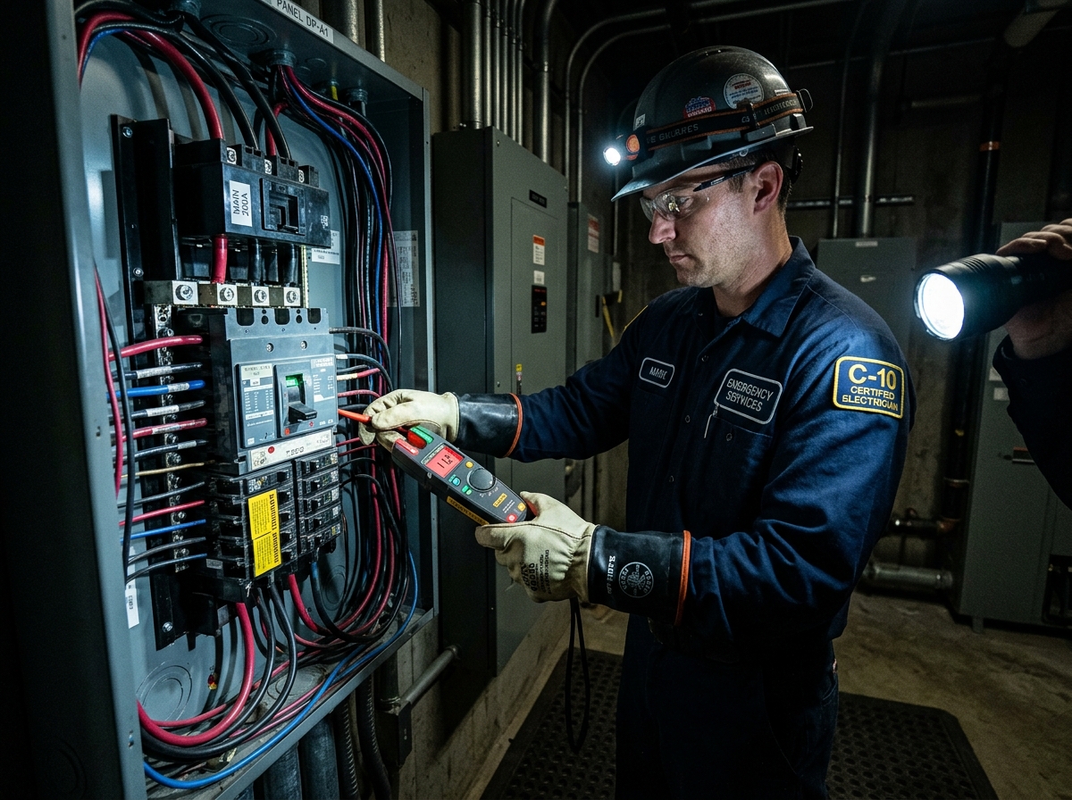 Certified electrician troubleshooting breaker panel in dark