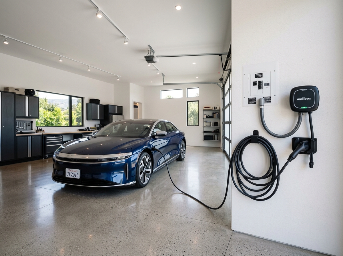 Level 2 charging station installed next to electric car