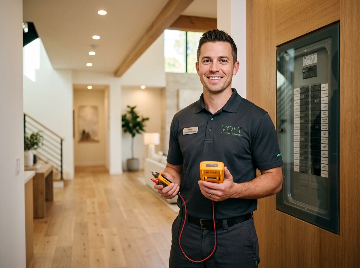 Certified professional electrician in California smiling, standing next to a modern breaker panel