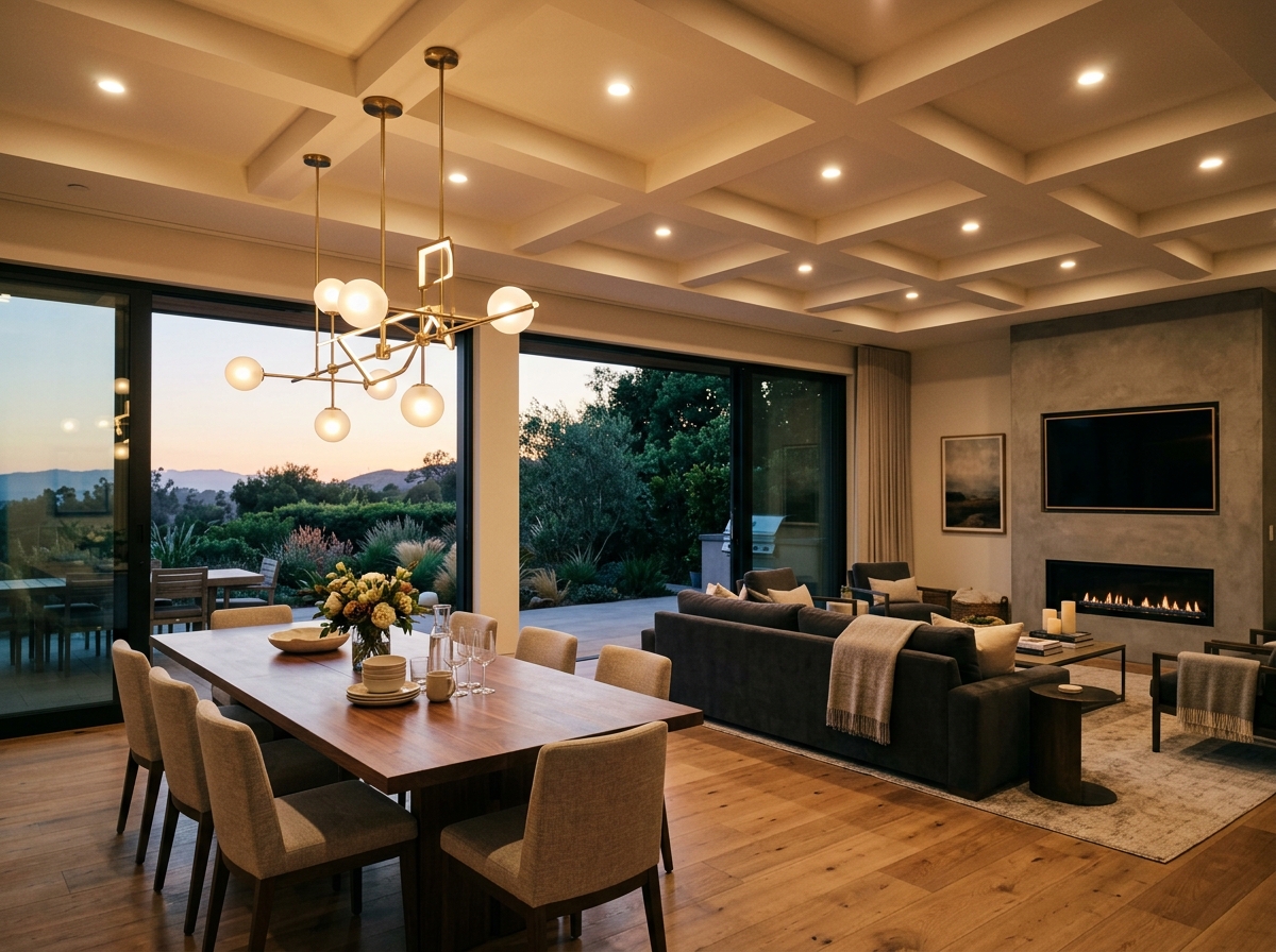 Beautifully lit room showing recessed ceiling lighting and chandelier