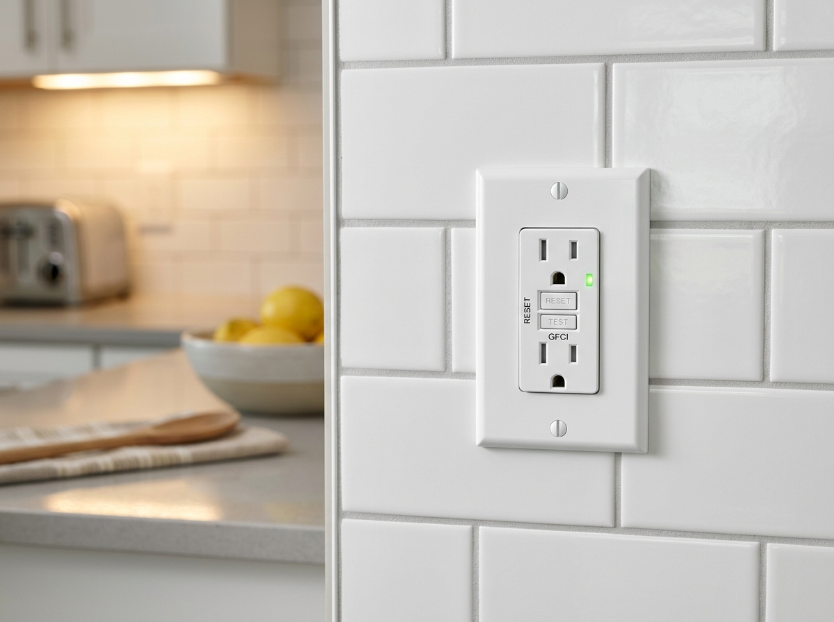 A newly installed white GFCI safety receptacle on a clean tile kitchen backsplash