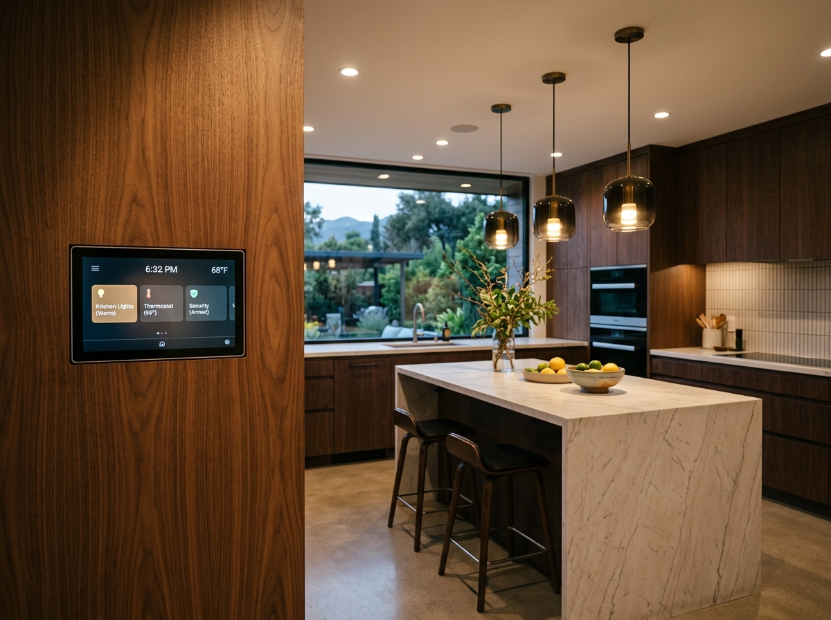 Smart touch panel display controlling light switches in modern home